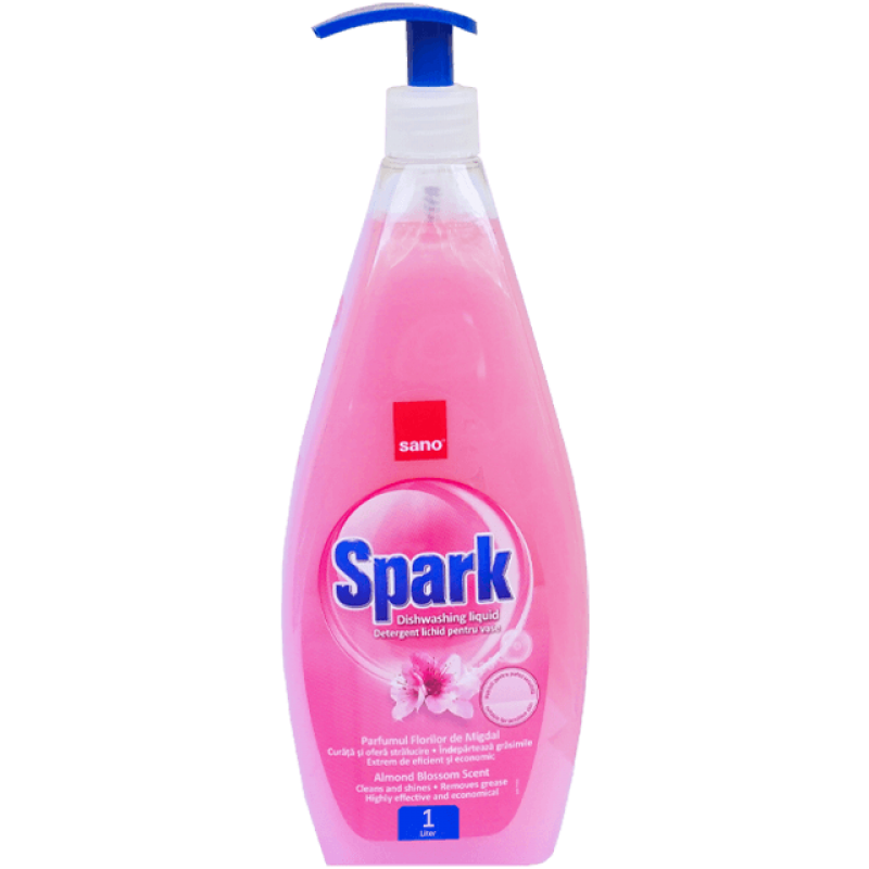 Detergent lichid pentru vase Sano Spark migdale, 1 litru, cu pompiță